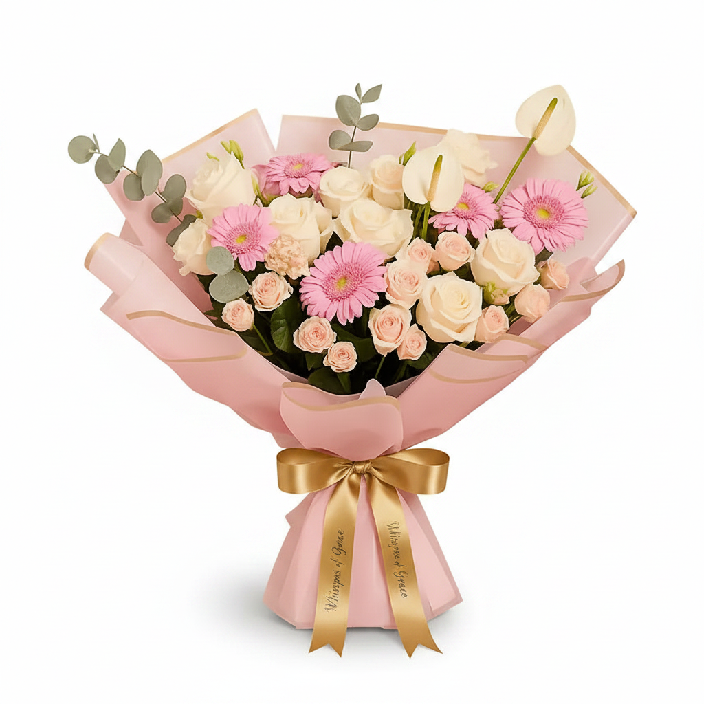 Flowrista Whispers of Grace bouquet with white roses blush spray roses pink gerbera and anthurium in pink paper