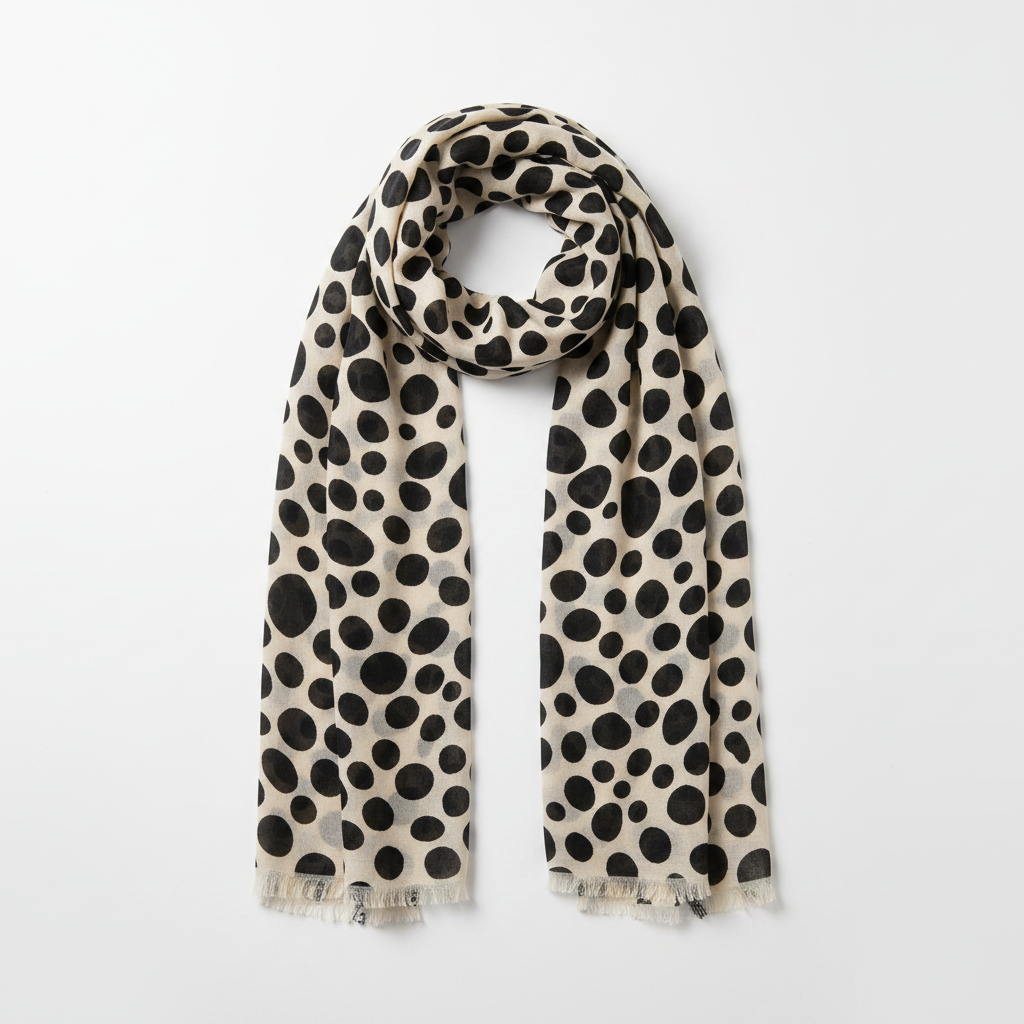 Mango ecru cream fluid fabric spots print frayed scarf 190x90cm