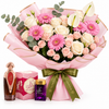 Asser perfume and Bakhoor Saher Alkalmet beside a Flowrista pink and white bouquet on a white background