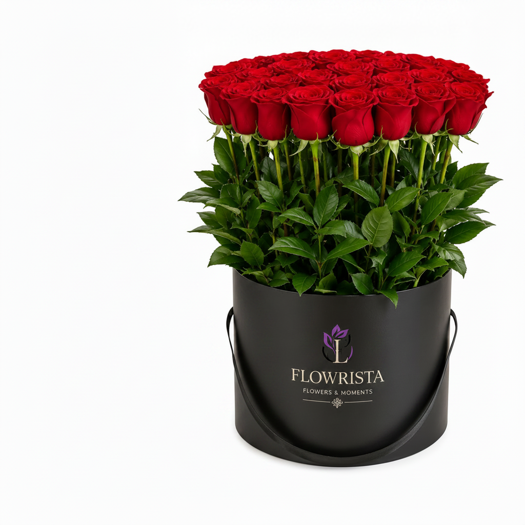 Flowrista 30 red roses black hat box on white background