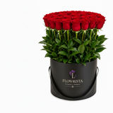 Flowrista 30 red roses black hat box on white background