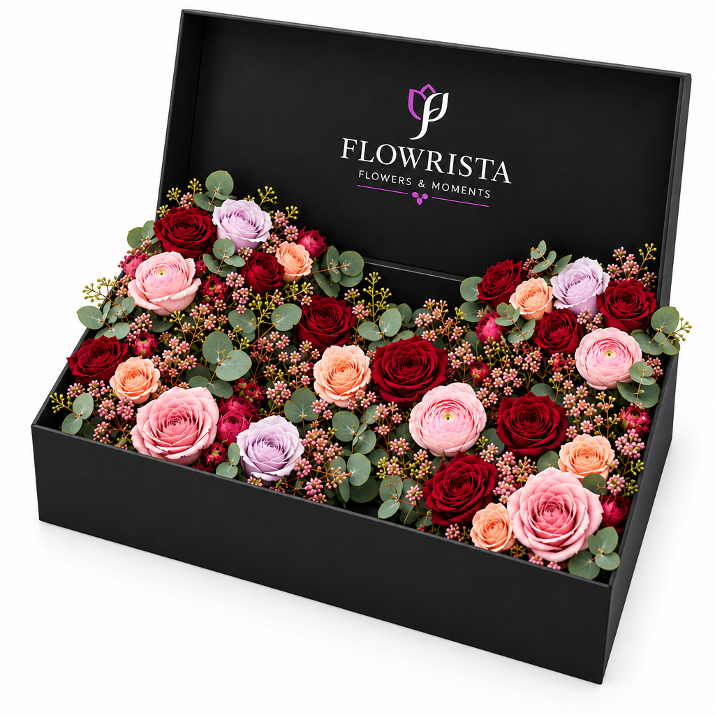 Flowrista black flower box with red, pink, peach and lavender blooms