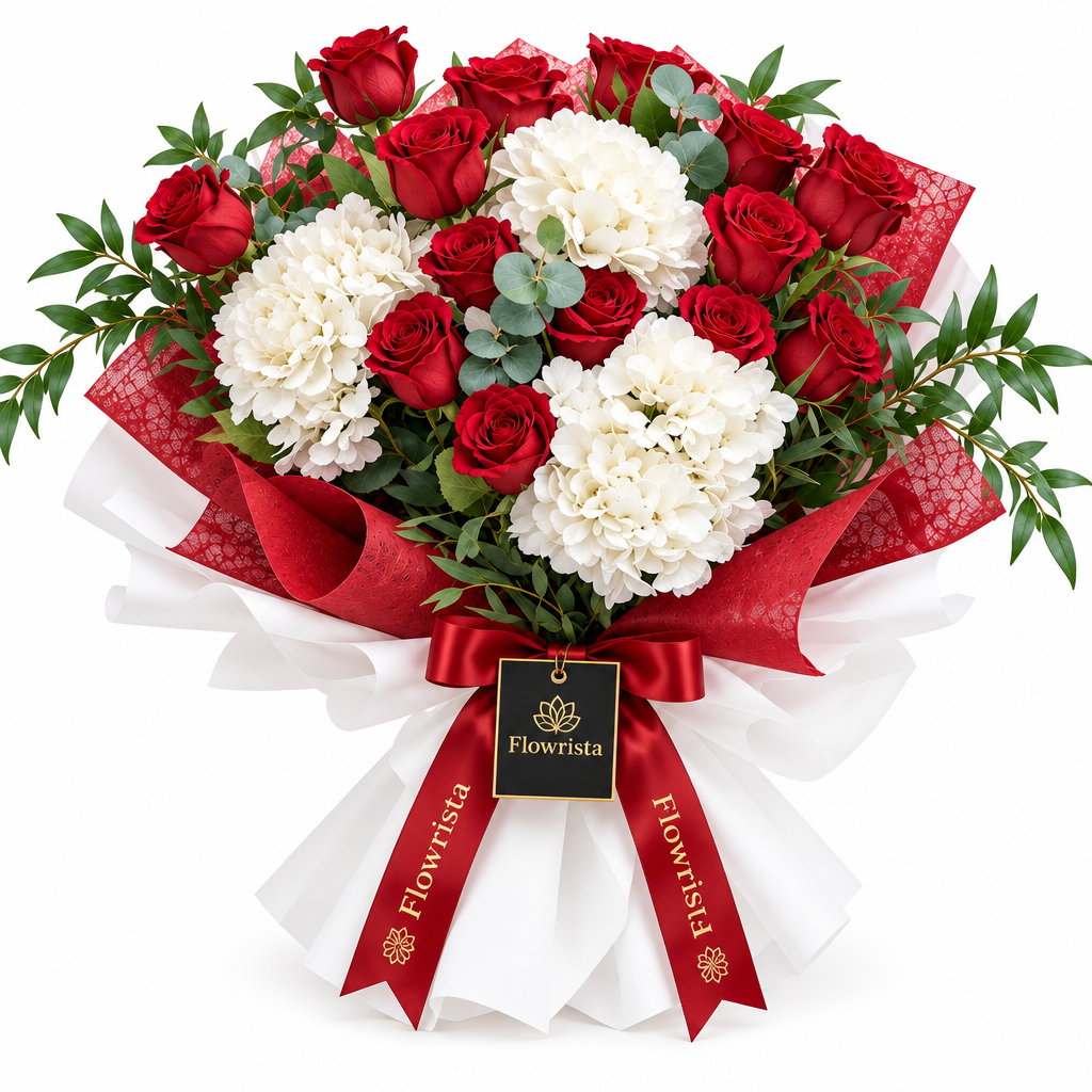 Flowrista red roses and white hydrangeas with eucalyptus in red and white wrapping and a red ribbon