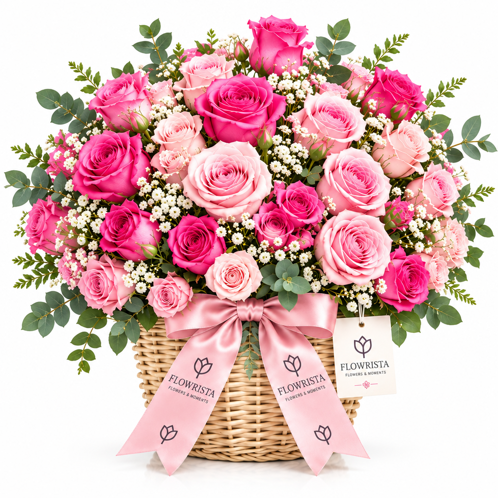 Pink roses and eucalyptus in woven Flowrista basket with pink ribbon