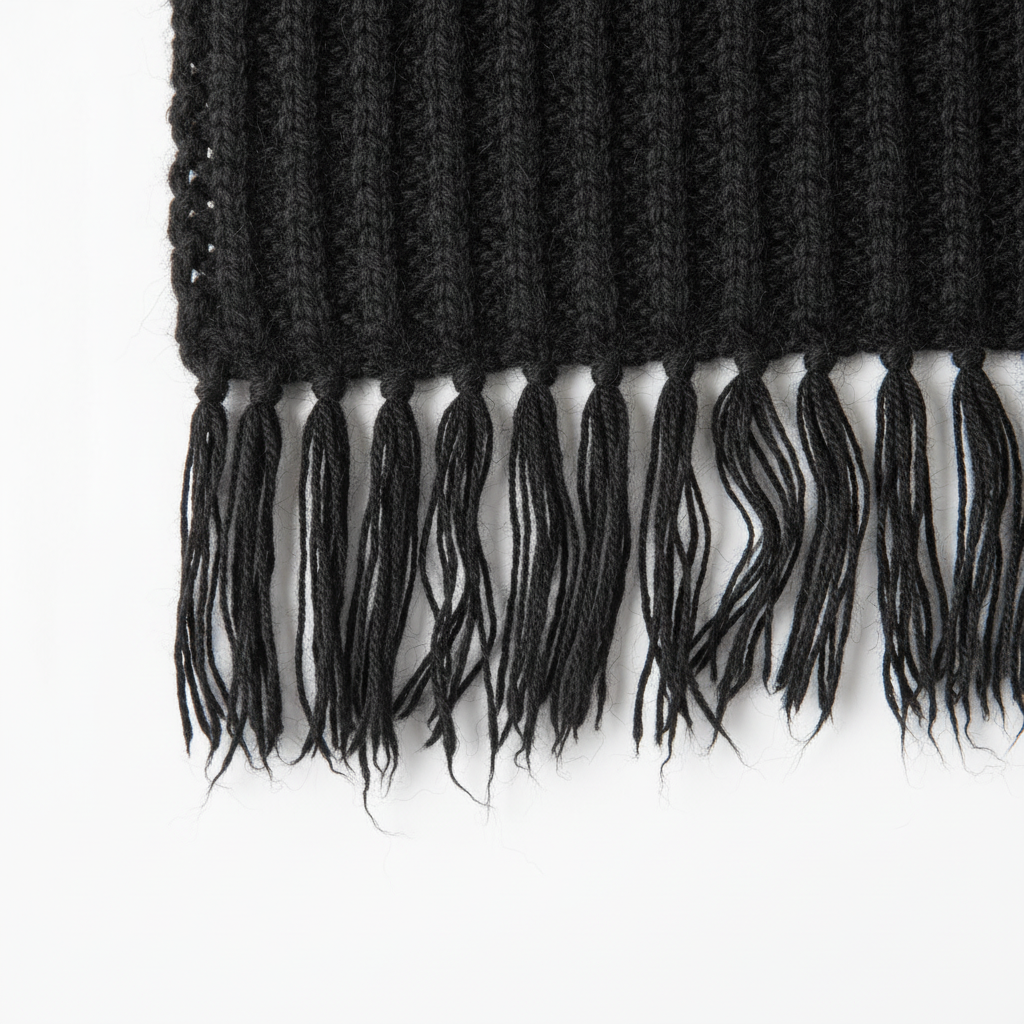 Close-up detail of Mango black fringed edge scarf knitted texture