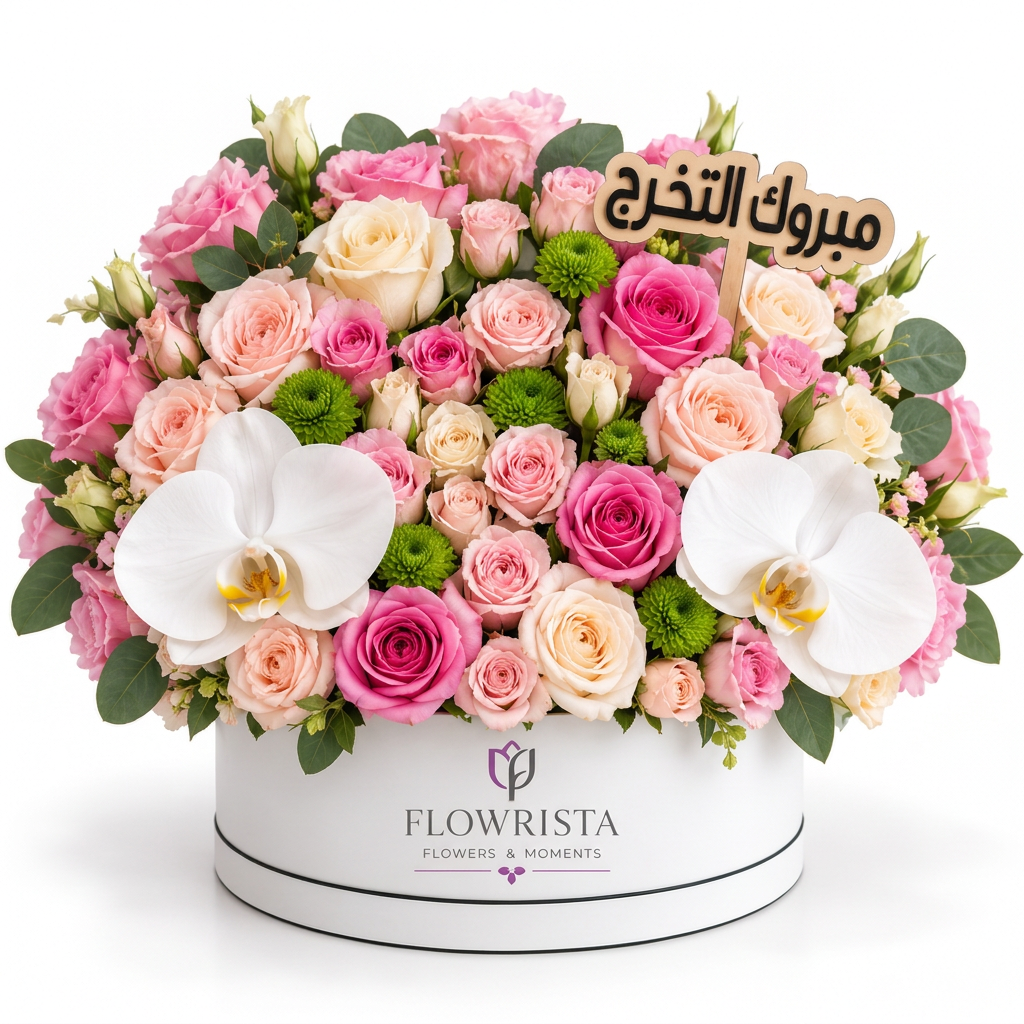 Pink and cream roses, white orchids and green chrysanthemums in a white Flowrista graduation flower box