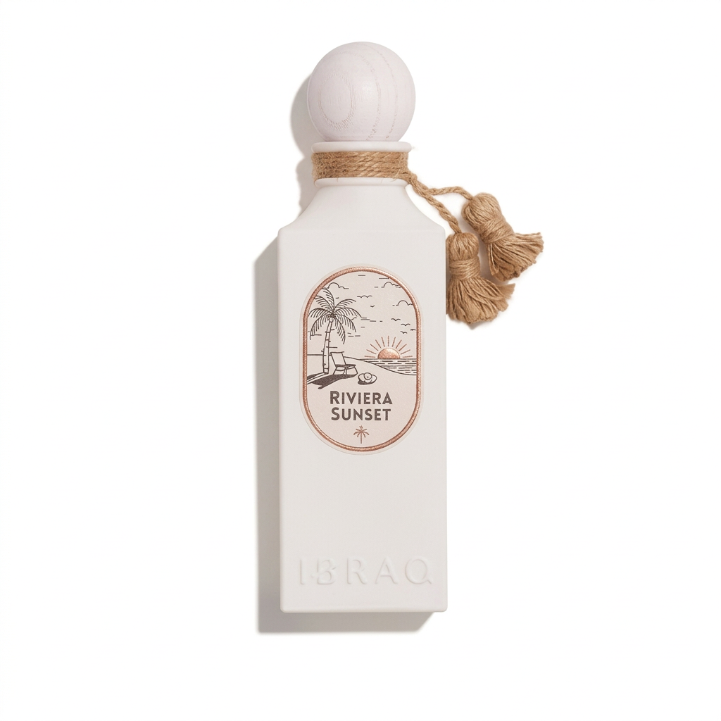 Riviera Sunset ivory perfume bottle with rounded cap, oval illustrated label and hanging charm