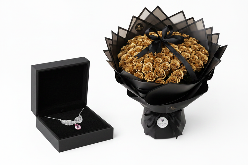 Silvara necklace box beside Flowrista 100 golden roses bouquet with Flowrista logo on ribbon