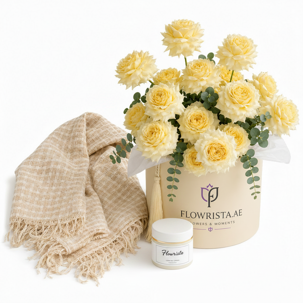 Flowrista cream and pale yellow garden roses in beige cylindrical hat box with gold tassel