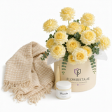 Flowrista cream and pale yellow garden roses in beige cylindrical hat box with gold tassel