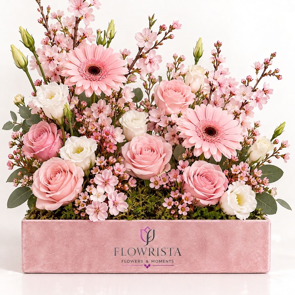 Pink roses and gerberas with white lisianthus and flowering branches in a rectangular pink Flowrista box