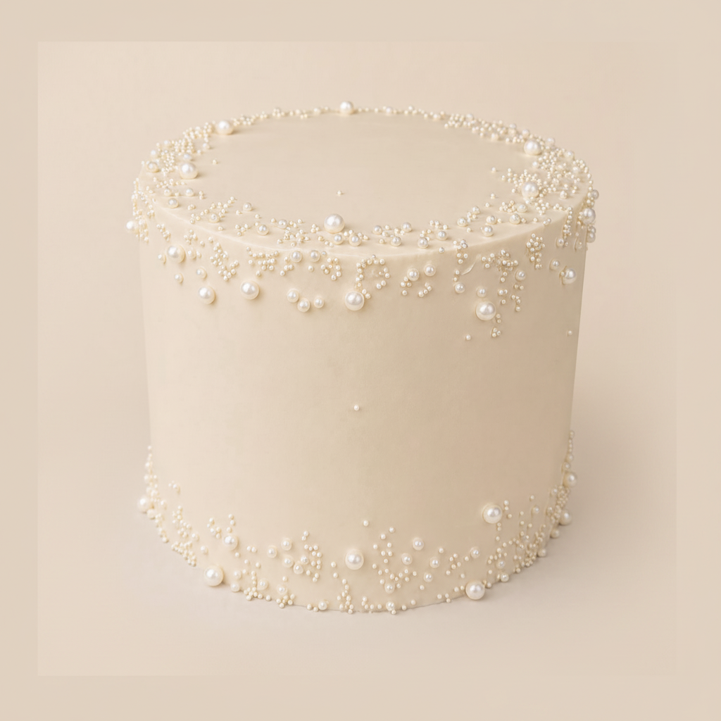 One-kilo Sugar Sweet ivory-white celebration cake with cascading pearl decorations