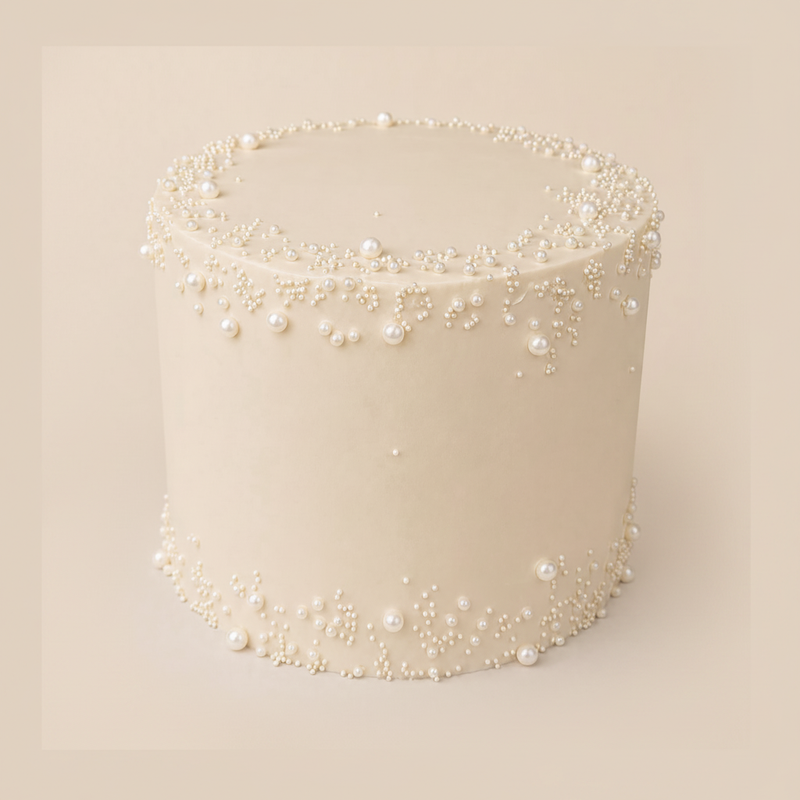 One-kilo Sugar Sweet ivory-white celebration cake with cascading pearl decorations
