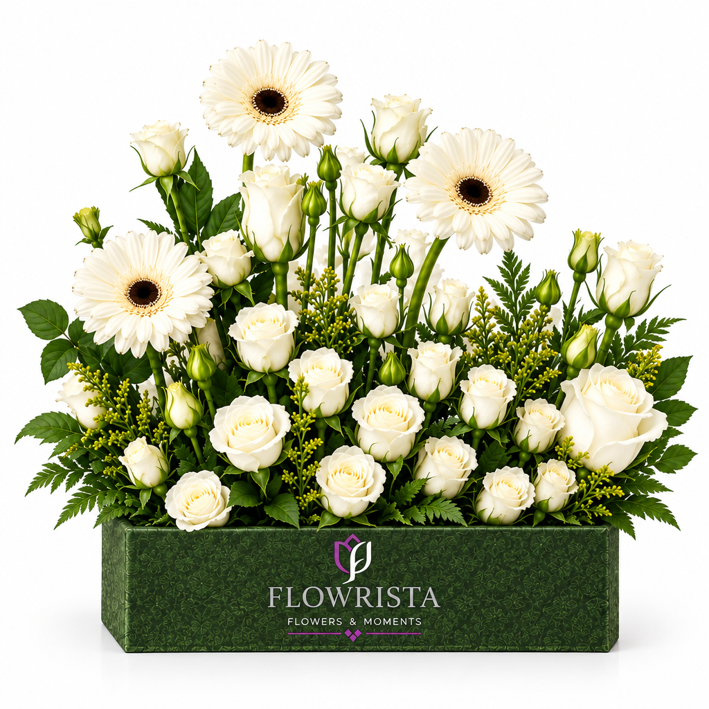 White gerberas and roses in dark green Flowrista rectangular flower box