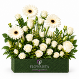 White gerberas and roses in dark green Flowrista rectangular flower box