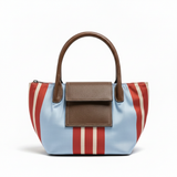 Parfois light blue striped tote bag with brown leather handles and front flap pocket
