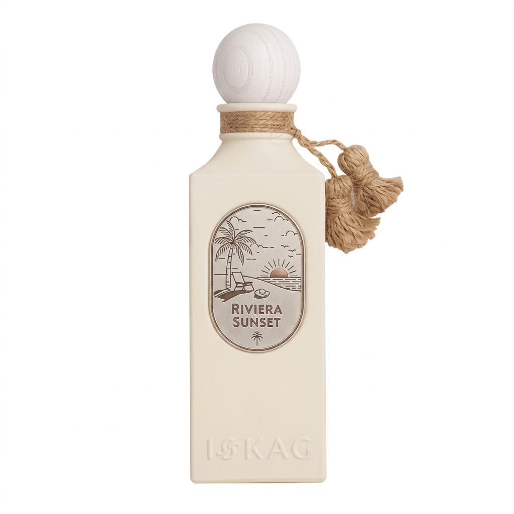 Riviera Sunset cream perfume bottle with rounded white cap and beige neck ornament