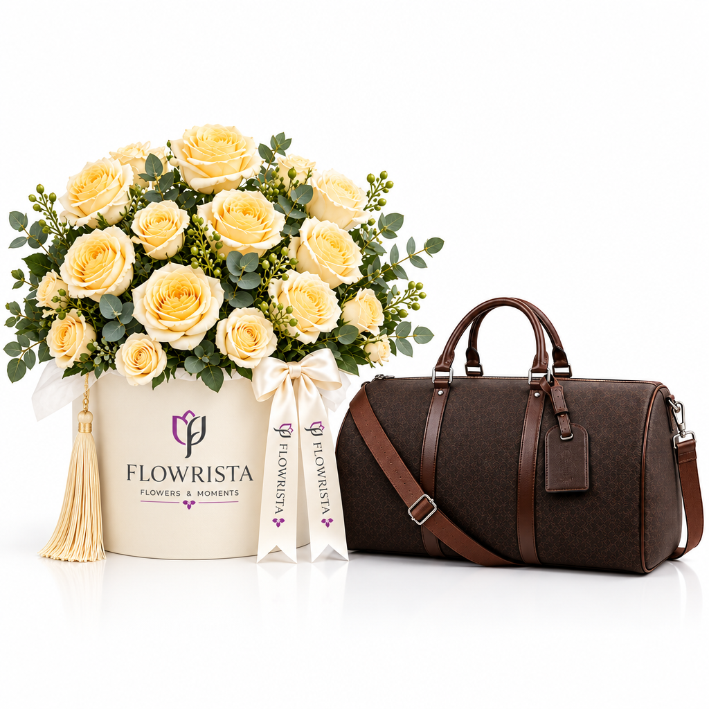 Brown FRANKFURT duffle bag beside cream Flowrista box of yellow roses