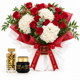 Amir Al Oud Gold perfume and Mamoul Ashiq Al.Oud beside Flowrista red roses and white hydrangeas