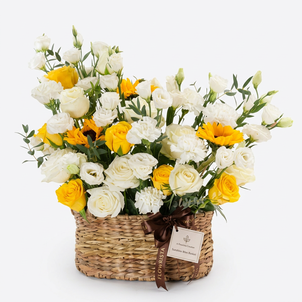 Sunshine Bliss Basket with fresh white and yellow roses, white lisianthus and sunflowers with Flowrista ribbon
