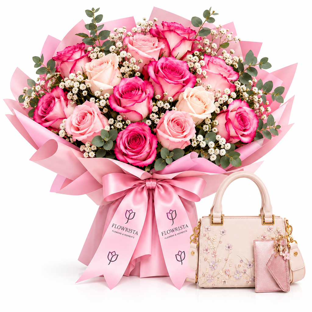 Flowrista pink rose bouquet with cream pearl flower satchel gift set