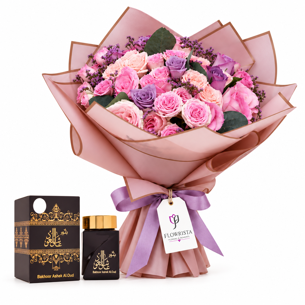 Bakhoor Ashek Al Oud jar and box beside a pink and lavender rose bouquet with Flowrista tag