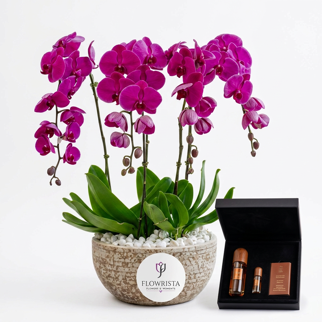 Vintage Tobacco black gift box beside a purple orchid plant in a textured Flowrista planter