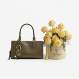 Parfois olive tote bag with Flowrista yellow spray roses box gift set Dubai