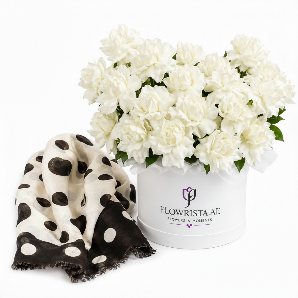 Flowrista white carnations hat box on white background