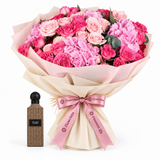Grey Pearl Diamond 150 ml perfume beside Flowrista pink rose and hydrangea bouquet