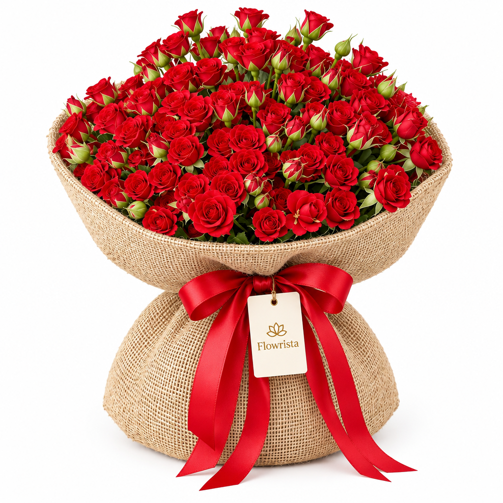 Flowrista red spray rose bouquet in natural burlap wrapping with red satin bow