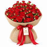 Flowrista red spray rose bouquet in natural burlap wrapping with red satin bow