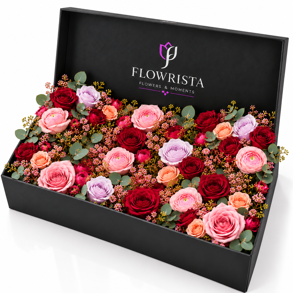 Fresh red pink lavender and peach roses with eucalyptus in an open black Flowrista gift box