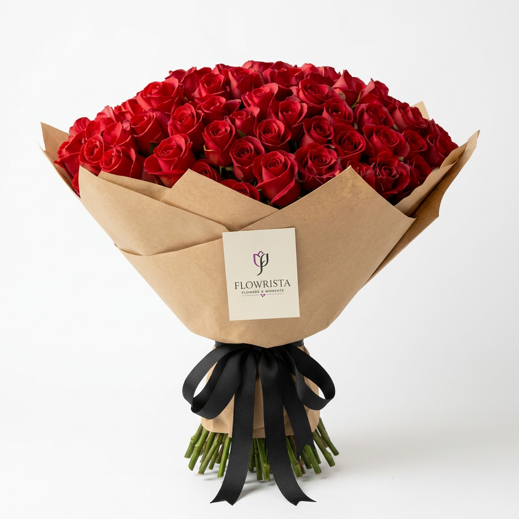 Red rose bouquet in brown wrapping paper tied with black ribbons and a Flowrista flower tag
