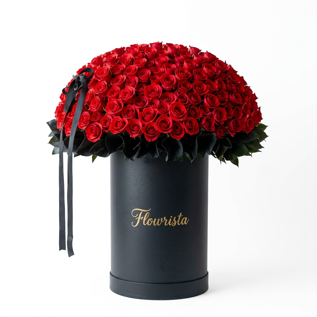 Full round arrangement of 300 red roses in a tall black Flowrista box with black ribbon