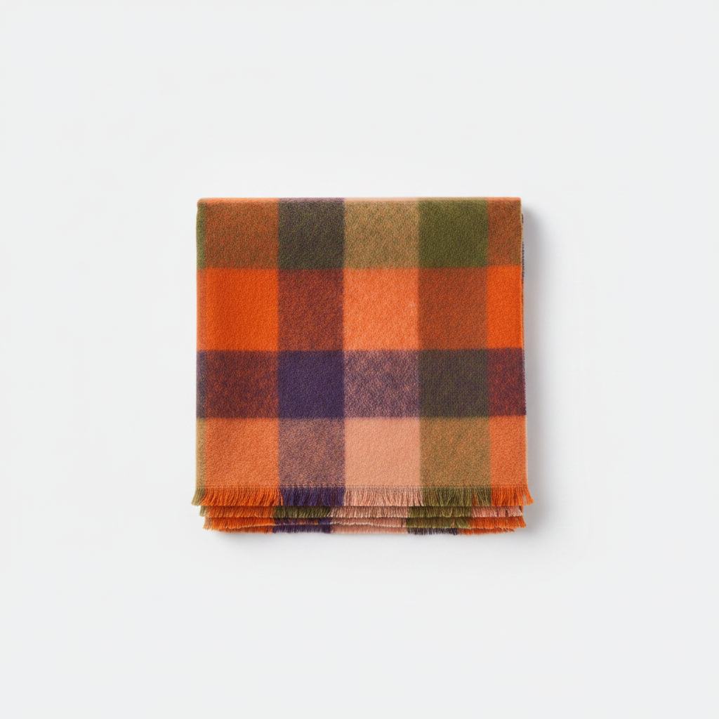 Mango orange wool checked plaid scarf with frayed hem on white background
