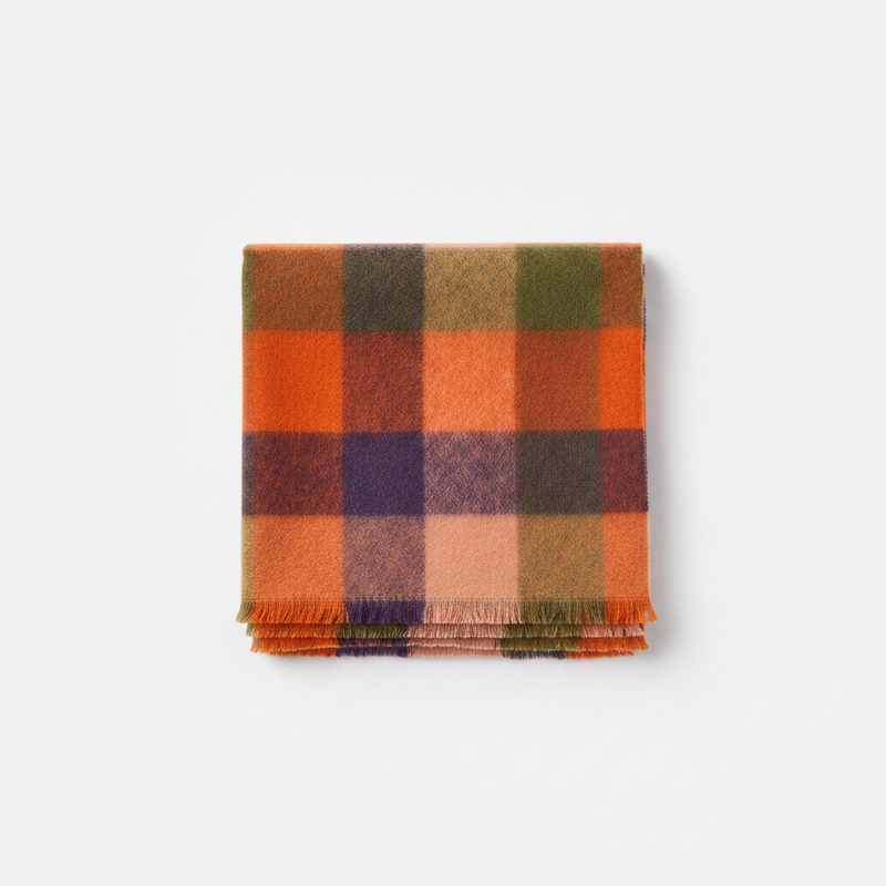 Mango orange wool checked plaid scarf with frayed hem on white background