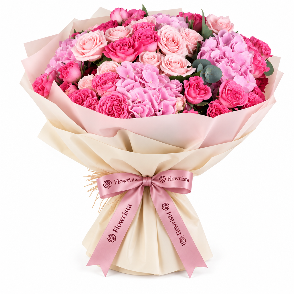 Flowrista pink rose and hydrangea bouquet with eucalyptus and pink ribbon