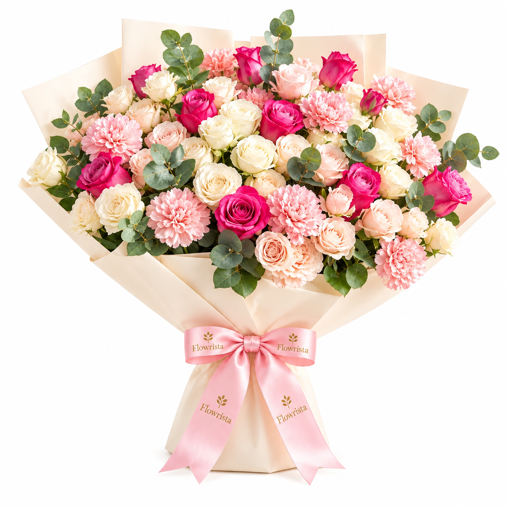 Flowrista pink and cream rose bouquet with pink carnations eucalyptus and pink ribbon