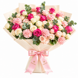 Flowrista pink and cream rose bouquet with pink carnations eucalyptus and pink ribbon