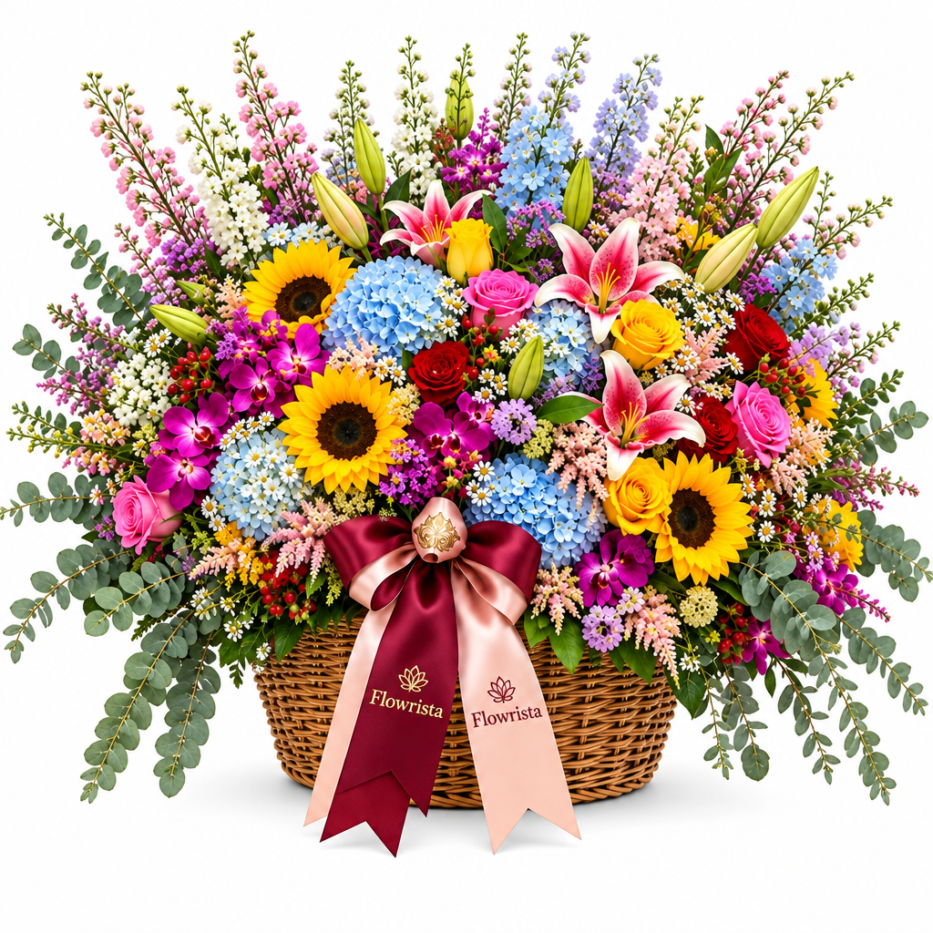 Flowrista grand basket of sunflowers blue hydrangeas pink lilies roses and purple orchids