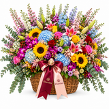 Flowrista grand basket of sunflowers blue hydrangeas pink lilies roses and purple orchids