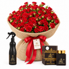 Ashiq Al Oud air freshener and Bakhoor beside Flowrista red spray roses in burlap wrapping