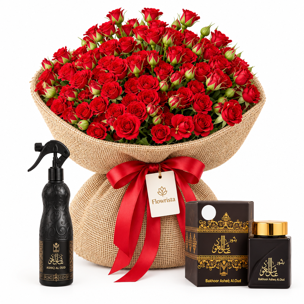 Ashiq Al Oud air freshener and Bakhoor beside Flowrista red spray roses in burlap wrapping