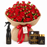 Ashiq Al Oud air freshener and Bakhoor beside Flowrista red spray roses in burlap wrapping