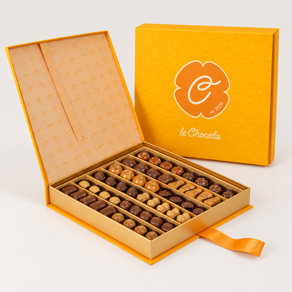 Le Chocolala assorted chocolates in an orange gift box