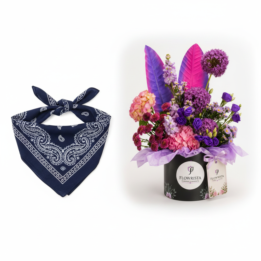 Mango navy triangular paisley bandana with Flowrista purple flower black box