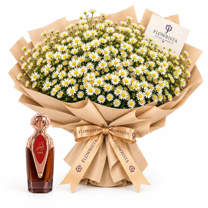 Asser perfume beside Flowrista white daisy bouquet with yellow centres in tan kraft wrapping