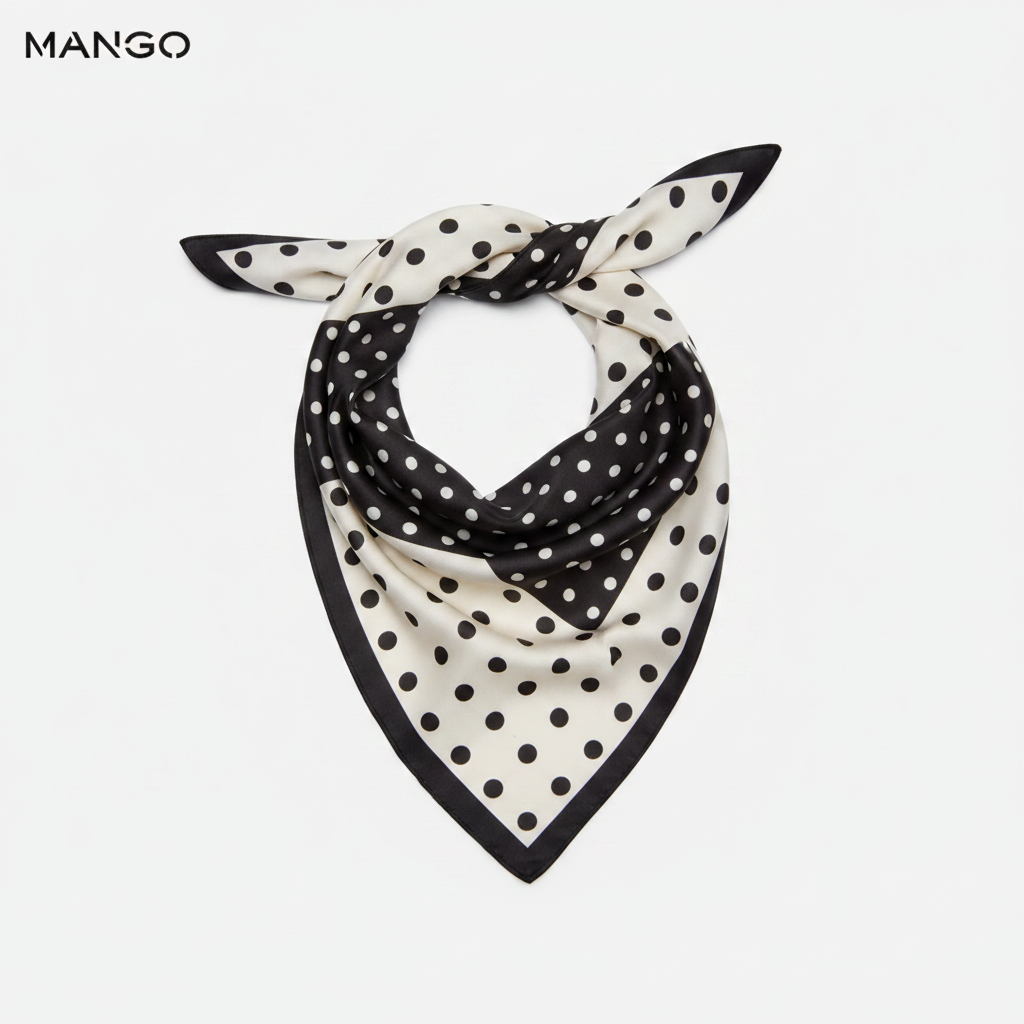 Mango black and white polka dot satin triangular scarf on white background