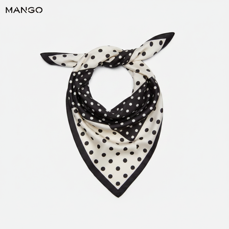 Mango black and white polka dot satin triangular scarf on white background